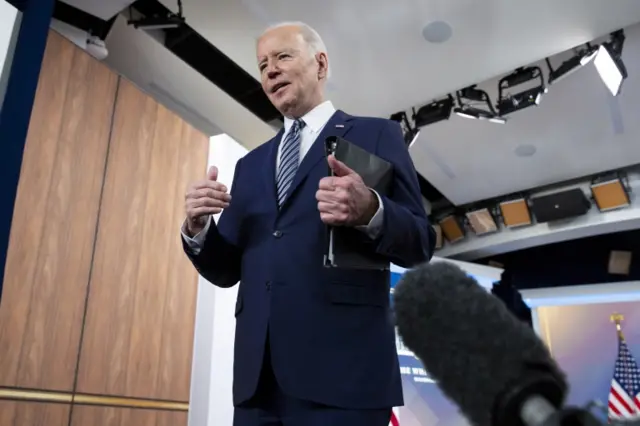 US President Joe Biden speaks to the media