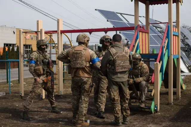 Ukrainian soldiers in Stoyanka, Ukraine