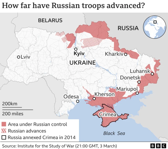 Map showing how far Russian troops advanced