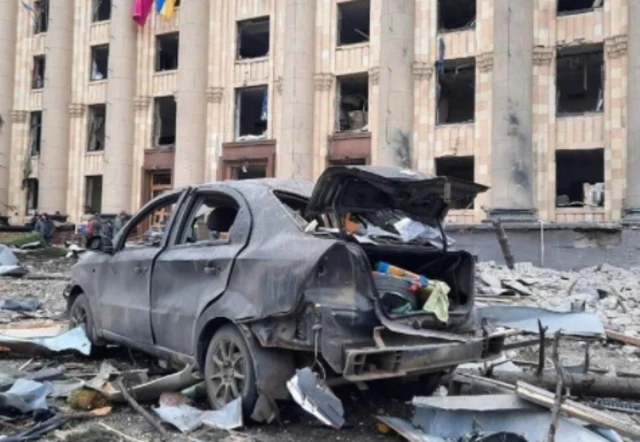 A car that is burnt out in Kharkiv