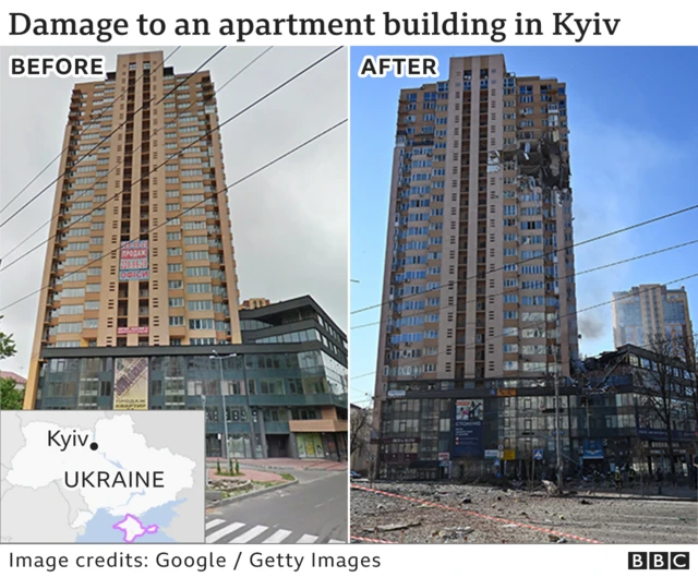 Apartment block in Kyiv before and after Russian attacks.