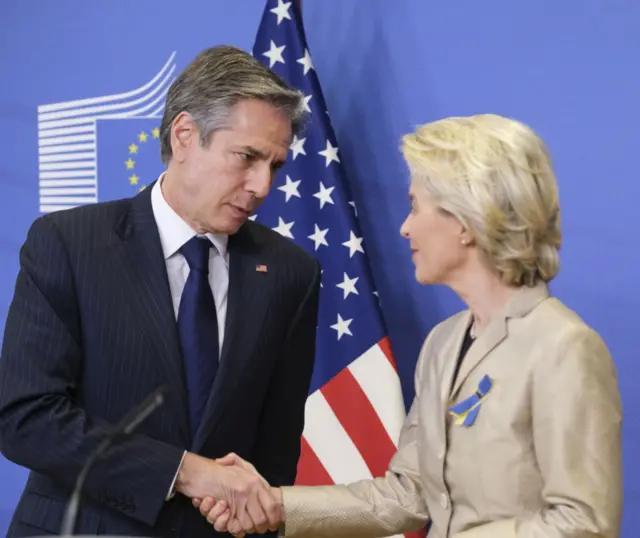 US Secretary of State Antony Blinken shakes hands with European Commission President Ursula von der Leyen