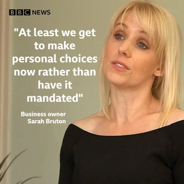 Sarah Bruton with quote: "At least we get to make personal choices now rather than have it mandated"