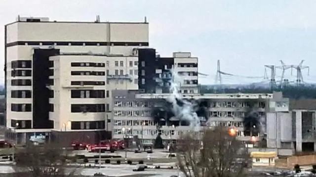 An administrative building at the Zaporizhzhia plant damaged by Russian shelling