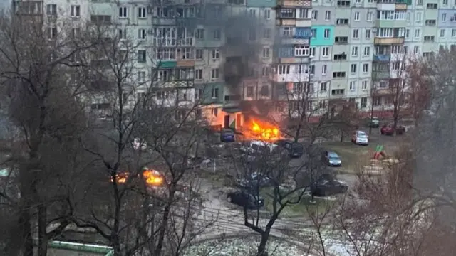 Fire seen after Russian shelling in Mariupol