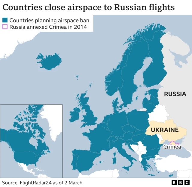 Map of European airspace closed to Russian airlines