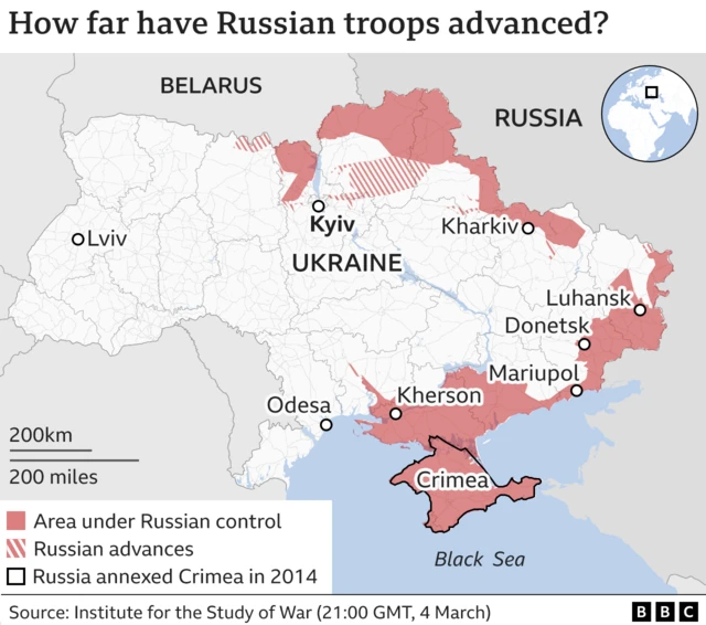 Map showing how far Russian troops have reached into Ukraine