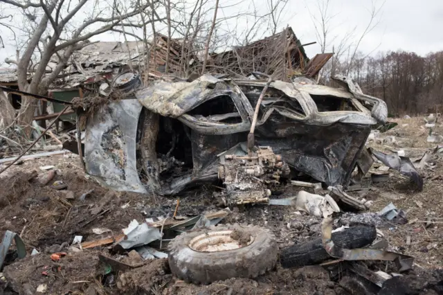 A burnt car in Markhalivka, Ukraine on 5 March