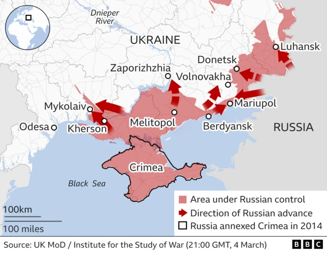 Map of southern Ukraine with Russian occupied areas