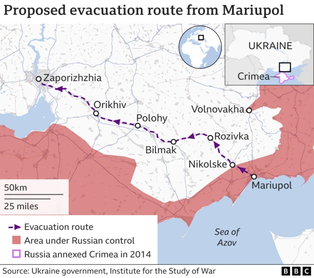 Map showing proposed humanitarian route out of Mariupol