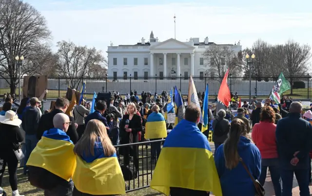 Supporters of Ukraine protest the Russian invasion at Lafayette Square across from the White House in Washington, DC