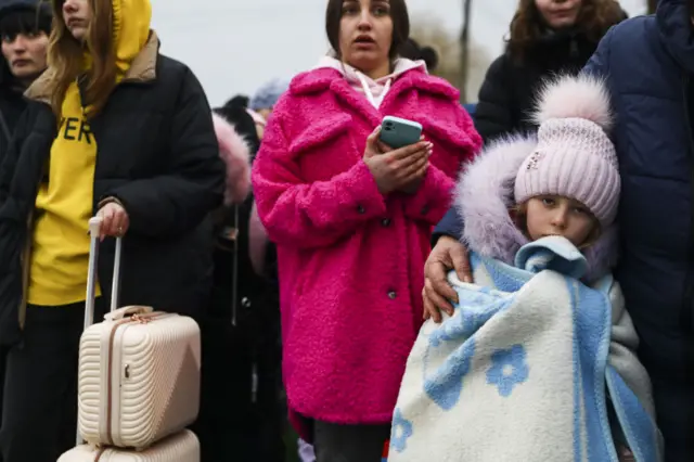 Civilians from Ukraine are seen after crossing Ukrainian-Polish border in Medyka due to the Russian attacks on Ukraine in Medyka, Poland on March 04, 2022.