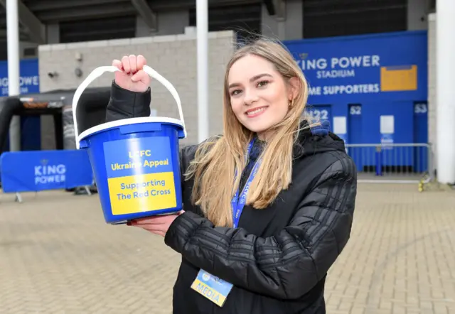 Leicester fan with collection bucket