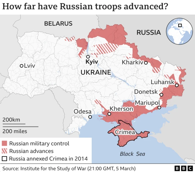 Map showing how far Russian troops have advanced