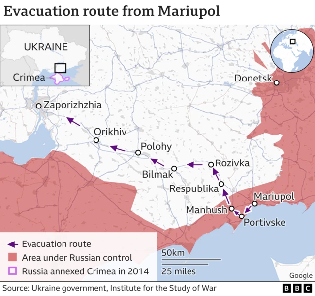 A map showing the evacuation route from Mariupol westward to Zaporizhzhia