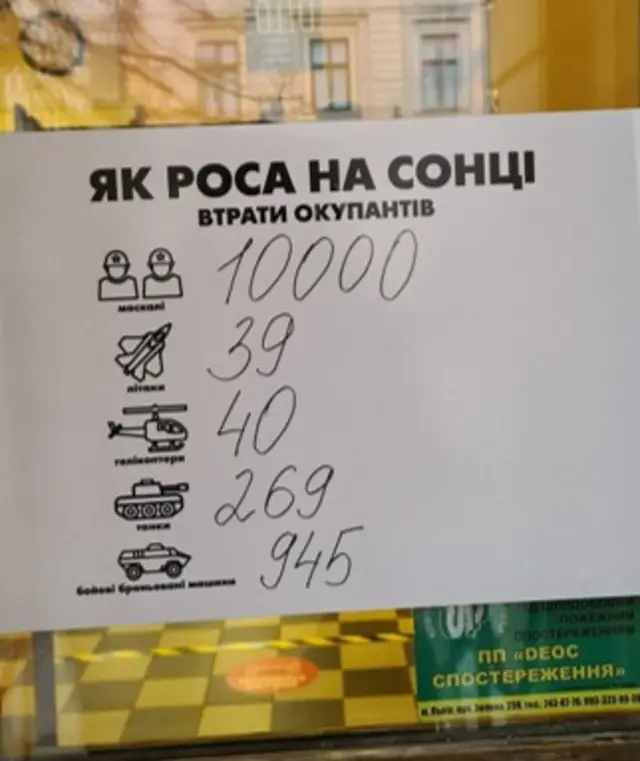 Sign provided by the Ukrainian Armed Forces of what they claim are Russian losses