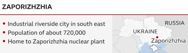 Zaporizhzhia map and key information. It says it is an industrial riverside city in the south-east