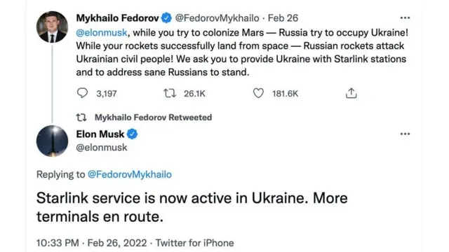 Screenshot of a message between Fedorov and Elon Musk where the Ukrainian minister asks for Musk's company's Starlink stations