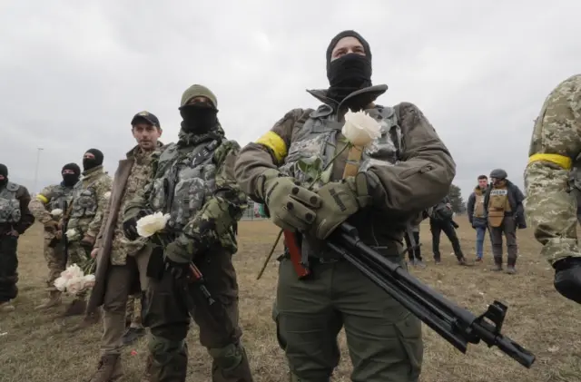 Ukraine fighters at a blockpost near Kyiv (Kiev), Ukraine