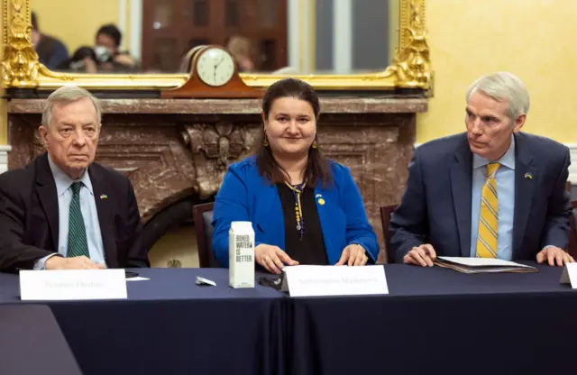 Ukraine's ambassador to the US Oksana Markarova (centre) has held several meetings with lawmakers