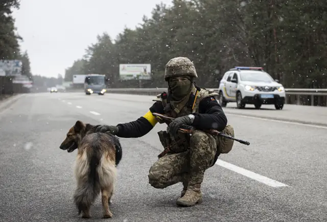 A Ukrainian soldier pets a dog on a highway