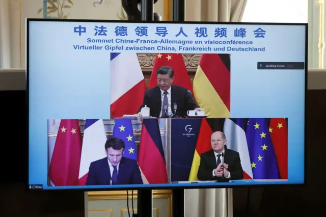 Chinese President Xi Jinping, French President Emmanuel Macron and German Chancellor Olaf Scholz in virtual meeting