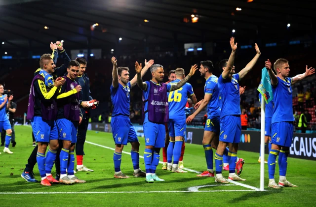 Ukrainian football players celebrate after beating Sweden in a Euro 2020 match at Hampden Park, Glasgow. Photo: 29 June 2021