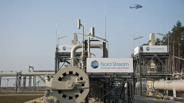 A helicopter flies over the Nordstream gas pipeline terminal prior to an inaugural ceremony for the first of Nord Stream's twin 1,224 kilometre gas pipeline through the Baltic Sea, in Lubmin November 8, 2011.