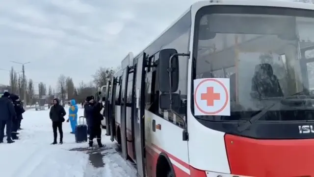 Buses wait during evacuations amid the Russian invasion of Ukraine, out of Sumy, March 8, 20