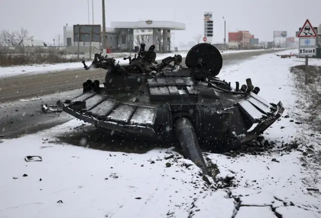 A destroyed tank near Kharkiv, north-eastern Ukraine