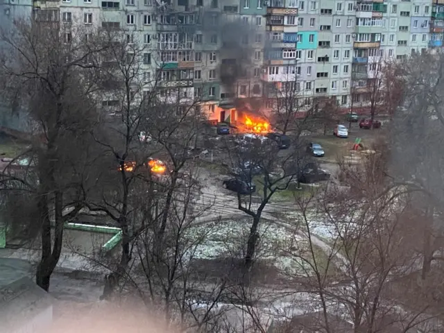 A fire breaks out in a residential building in Mariupol, Ukraine