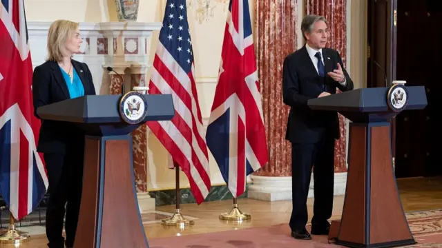 US Secretary of State Antony Blinken holds a joint press conference with British Foreign Secretary Elizabeth Truss in the Benjamin Franklin Room of the State Department in Washington, D.C