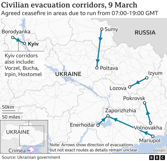 Map showing where in Ukraine planned evacuation corridors are situated