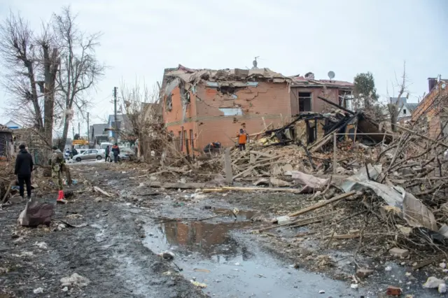 Destroyed houses in Sumy, north-eastern Ukraine. Photo: 8 March 2022