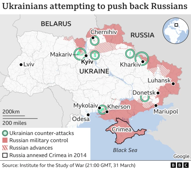 Map showing Ukrainian response to Russian attacks