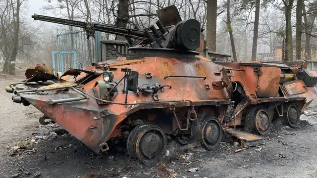 A destroyed Russian tank