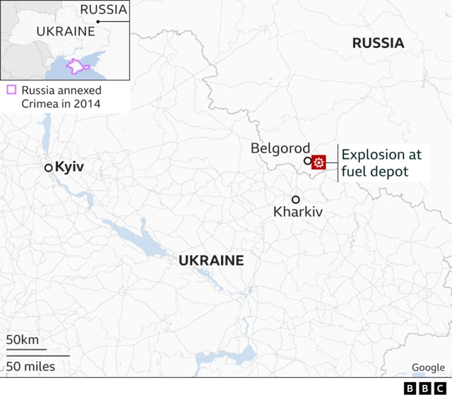 Map showing location of fuel depot fire in Belgorod, Russia