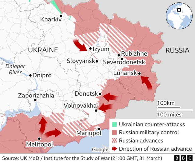 Map showing levels of Russian control in the east of Ukraine