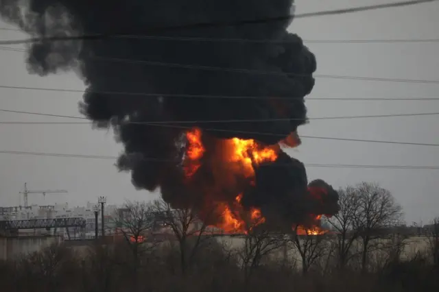 view shows a fuel depot on fire in the city of Belgorod, Russia