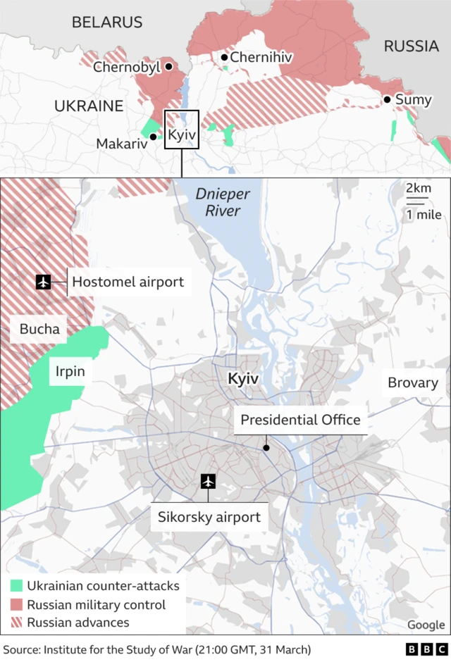 Map showing Russian and Ukrainian advances