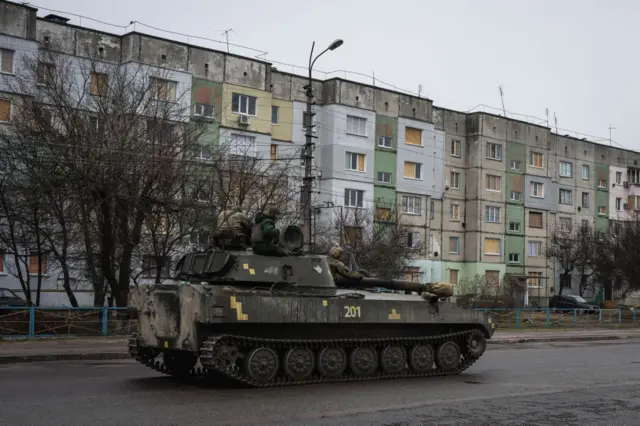 A Ukrainian tank is seen in Brovary, Ukraine