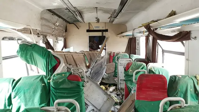 A train damaged in the attack on the Abuja-Kaduna railway - March 2022