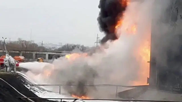 The Russian Emergencies Ministry posted video showing a massive blaze at the oil depot