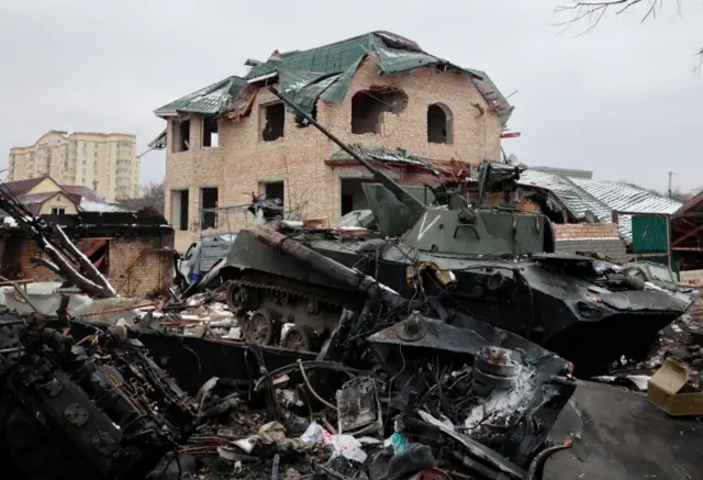 The remnants of a destroyed tank in Bucha