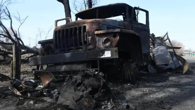 A destroyed military vehicle