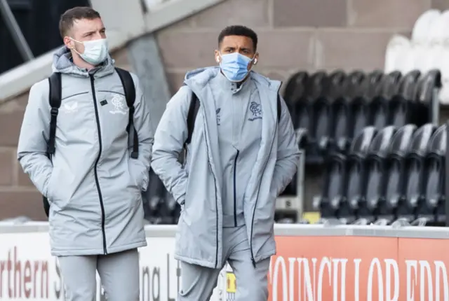 Rangers captain James Tavernier (right) arrives at St Mirren Park