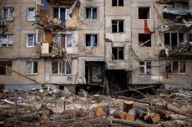 A view of a building that was heavily damaged by shelling, as Russia"s attack on Ukraine continues, in Kharkiv, Ukrain