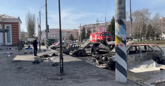 Burnt out cars near Kramatorsk station