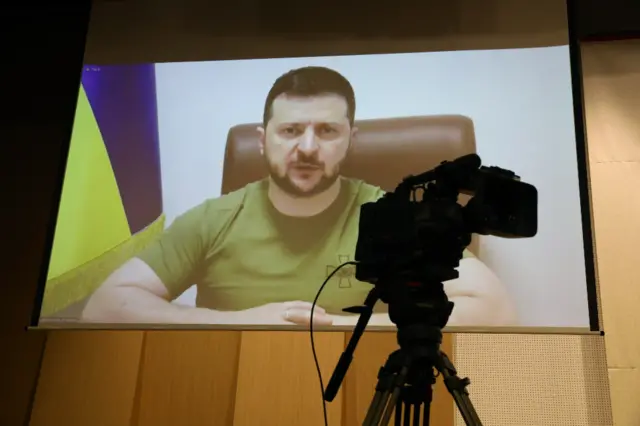 Ukraine's President Zelensky appearing by videolink in the South Korean parliament