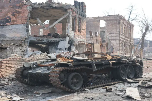 A destroyed armoured vehicle in Mariupol on 9 April